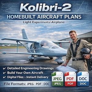 Puede incluir: Imagen de un avión experimental Kolibri-2 azul claro con un piloto dentro. La imagen incluye el texto "HOMEBUILT AIRCRAFT PLANS" y "Light Experimental Airplane". La imagen también muestra los formatos de archivo JPEG, PDF y DOC.