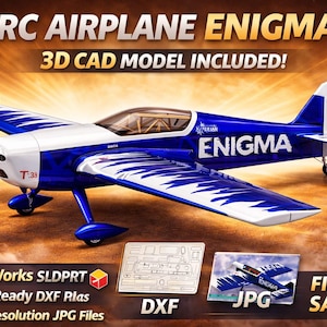 Può includere: Un modello di aeroplano RC blu e bianco, chiamato "ENIGMA", con elica e la scritta "T-33". L'immagine include il testo "3D CAD MODEL INCLUDED!" e menziona file SolidWorks, DXF e JPG.