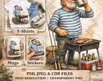 Grandpa bbq clipart-Grill grandpa illustration-Funny bbq quotes-Mug design clipart-Sticker design bbq-funny grandfather with barbecue-CDR.