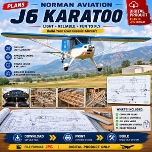 Pode incluir: Planos digitais para a aeronave Norman Aviation J6 Karatoo. Inclui desenhos detalhados, vistas principais e dimensões para a construção. A imagem mostra uma aeronave azul e branca em voo, a cabine e detalhes da estrutura de madeira.