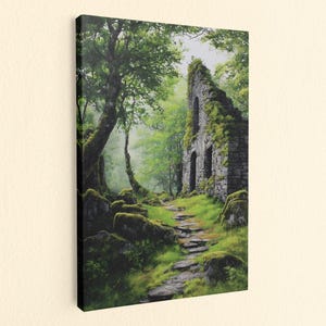 Mystical Forest Ruins Canvas Print, Ancient Mossy Stone Chapel Wall Art, Enchanted Woodland Path Decor, Landscape Nature Home Gallery