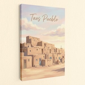 Taos Pueblo Southwestern Canvas Print, Adobe Village Desert Landscape Wall Art, New Mexico Rustic Home Decor Artwork