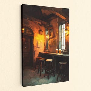 May include: A rectangular canvas print depicting an interior scene of a dimly lit pub. The artwork features a wooden bar counter with three stools, two glasses of beer, and warm ambient lighting from wall lamps near a window and a dark door.