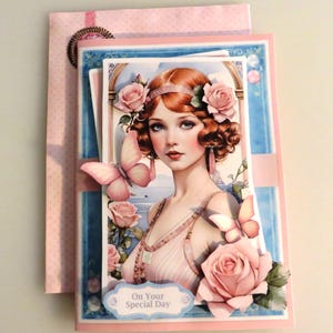 Art deco lake lady birthday card.