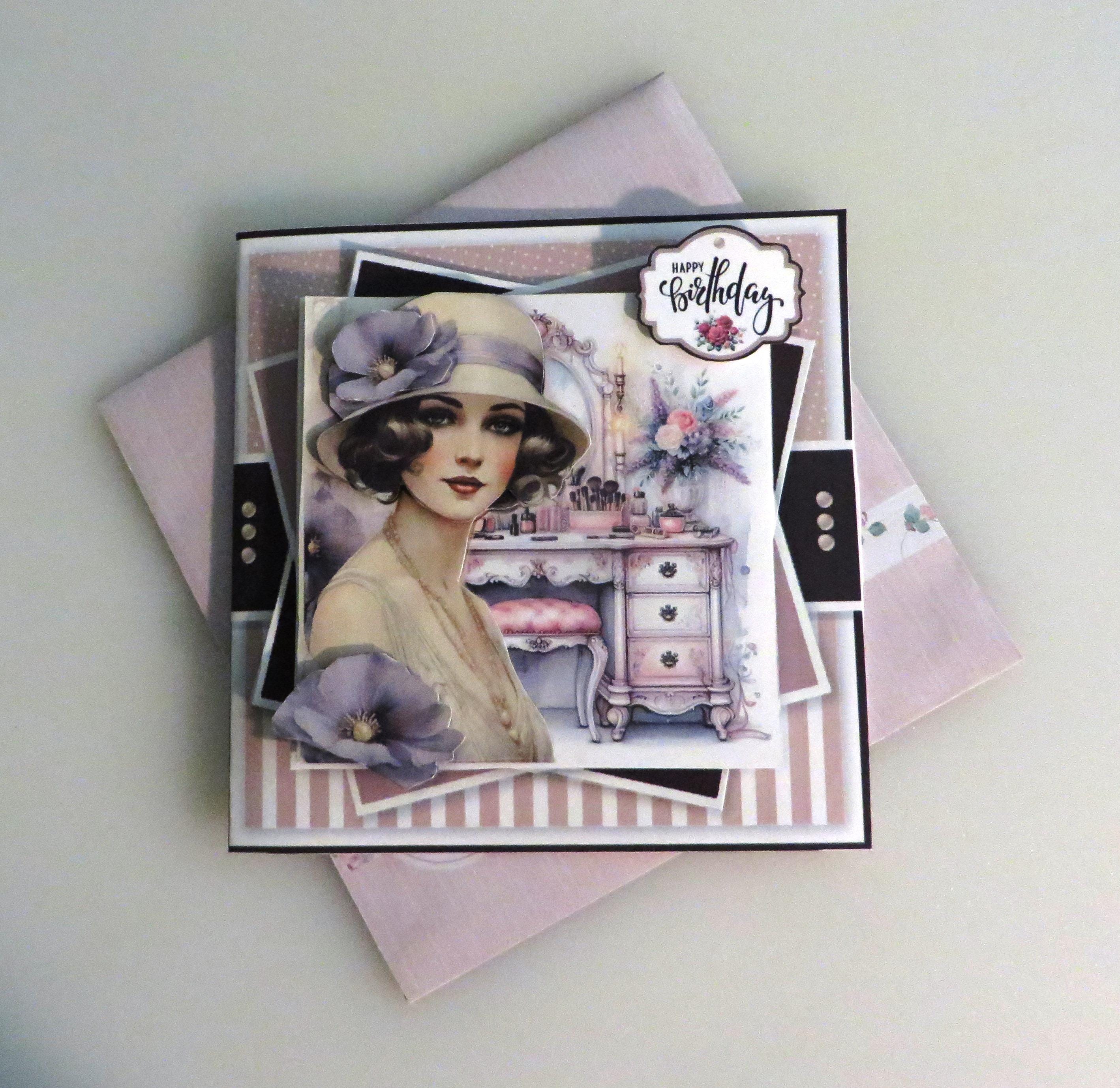 Handmade lady in purple birthday card.