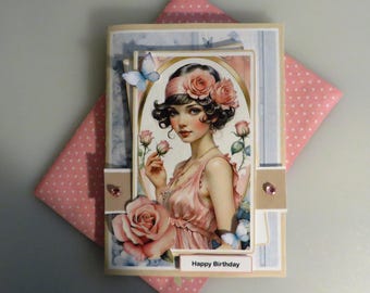 Spring rose lady birthday card.