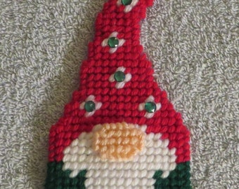 Needlepoint gnome Christmas ornament.