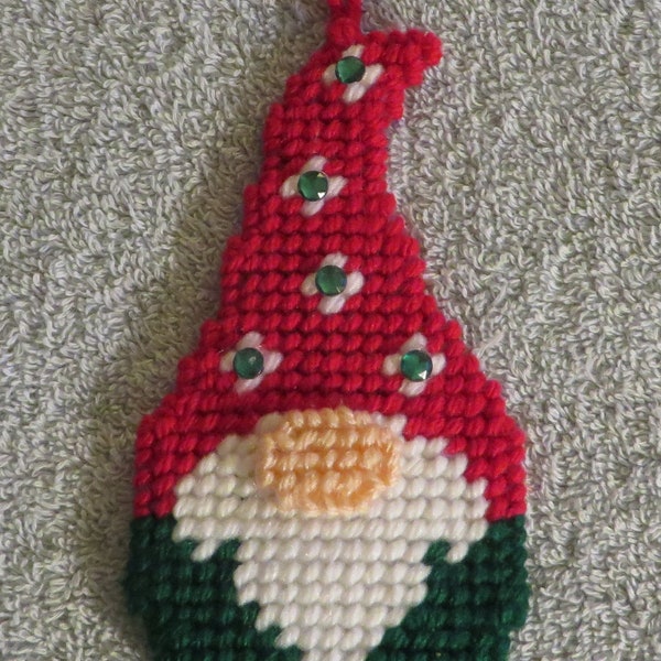 Needlepoint gnome Christmas ornament.