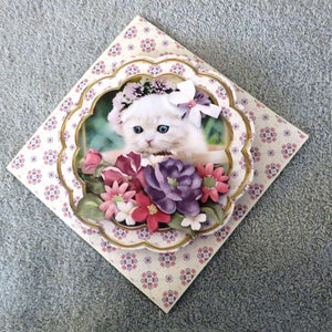 Handmade flower kitten petal shaped thinking of  you card.