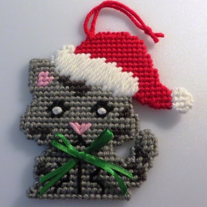 Kitty needlepoint Christmas ornament.