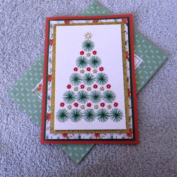 Hand stitched Christmas tree card with ornaments.