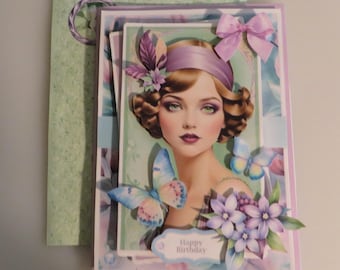 Art deco lilac spring lady birthday card.