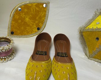 Handmade Yellow Velvet Khussa Shoes | Gold Embroidered Pakistani Flats