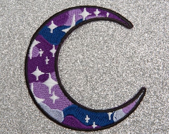Galaxy Crescent Moon Embroidered Patch • Purple Cosmic Stars Space Design • Iron or Sew On Patch for Witchy, Gothic Fans