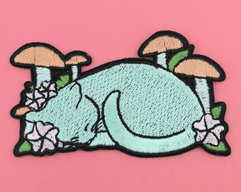 Cat in Nature Patch |  Vegan Adhesive | Iron or Sew On Patches Mushrooms Floral Cat Lover Flowers Cottagecore