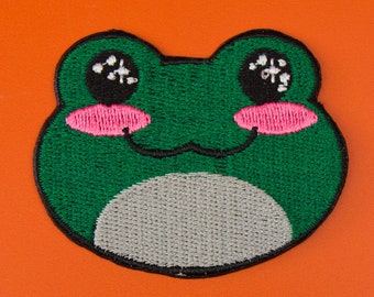 Cute Frog Iron-On Patch / Embroidered Vegan Adhesive / Green Froggy Kawaii