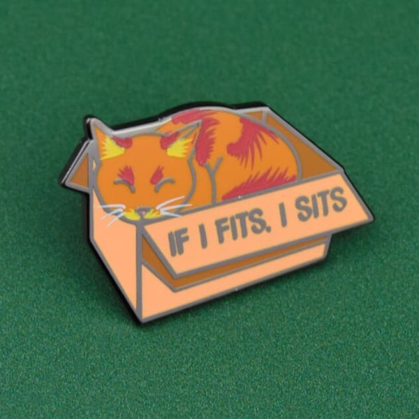 If I Fits I Sits Ginger Cat Pin Badge | Hard Enamel Nickel-Free Brooch | Cat in Box Cute Funny Meme Cat Lover Kitten