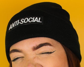 Anti-Social Patch Black Beanie Hat / 100% Cotton Embroidered Patch / Stoner Hipster Cute Aesthetic Tumblr Social Anxiety