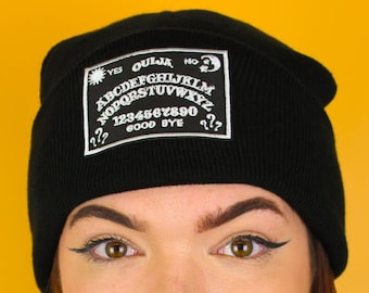 Ouija Board Patch Black Beanie Hat / 100% Cotton Embroidered Patch / Gothic Occult Hipster Witch Halloween Goth