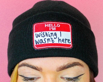Hello I&#39;m Wishing Patch Black Beanie Hat / 100% Cotton Embroidered Patch / Stay Home Introvert Funny Meme Name Tag