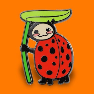 Cute Ladybird Enamel Pin • Kawaii Bug Badge - Cottagecore Pin - Leaf Umbrella Lapel Pin - Quirky Nature Gift - Adorable Bug Pin
