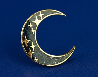 Black and Gold Glitter Moon Enamel Pin Badge / Hard Enamel Nickel-Free Brooch / Cute Stars Space Crescent