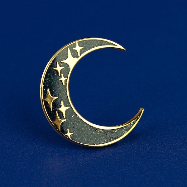 Black and Gold Glitter Moon Enamel Pin Badge / Hard Enamel Nickel-Free Brooch / Cute Stars Space Crescent