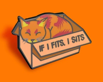 If I Fits I Sits Ginger Cat Pin Badge • Cute Cat in Box Enamel Pin • Funny Cat Meme Gift • Kitty Lover Badge • Adorable Cat Accessory