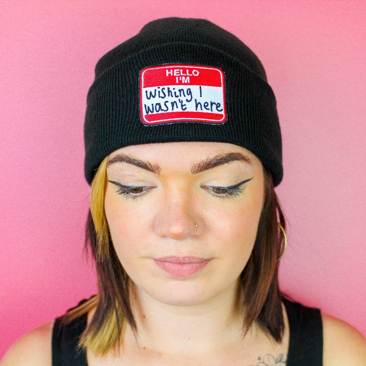 Hello I'm Wishing Patch Black Beanie 