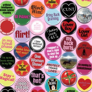 May include: A collection of circular pin-back buttons featuring various designs, including text slogans like 'Block Him!', 'Lover Boy', 'my back hurts', 'TOE BEANS', and 'PROTECT TRANS LIVES', alongside graphic illustrations of hearts, a tomato, and a horse.