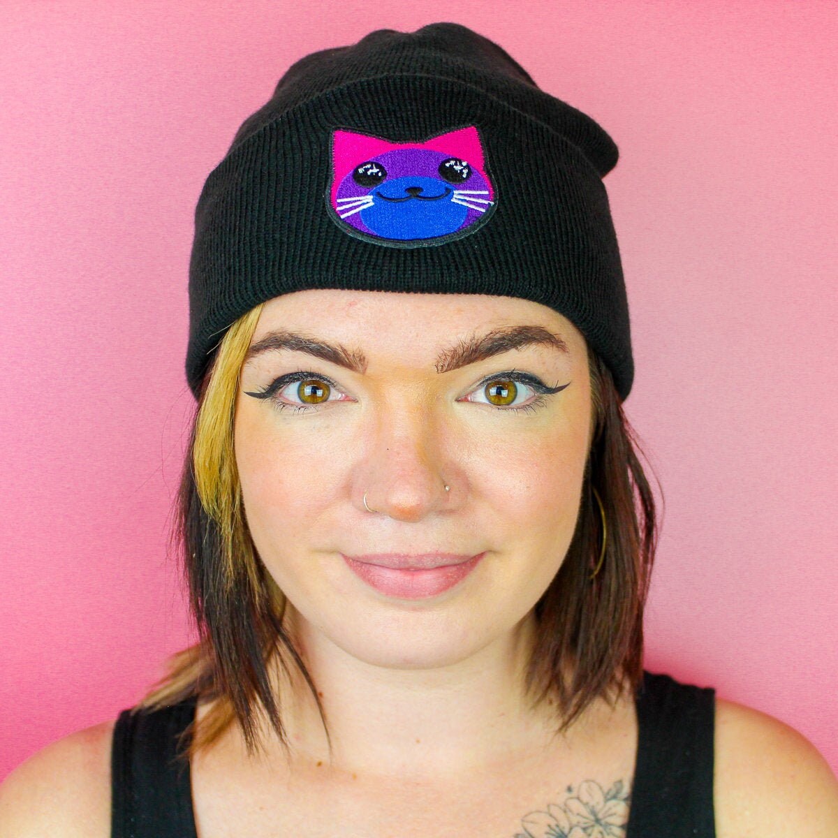 Cute Bisexual Cat Patch Black Beanie 