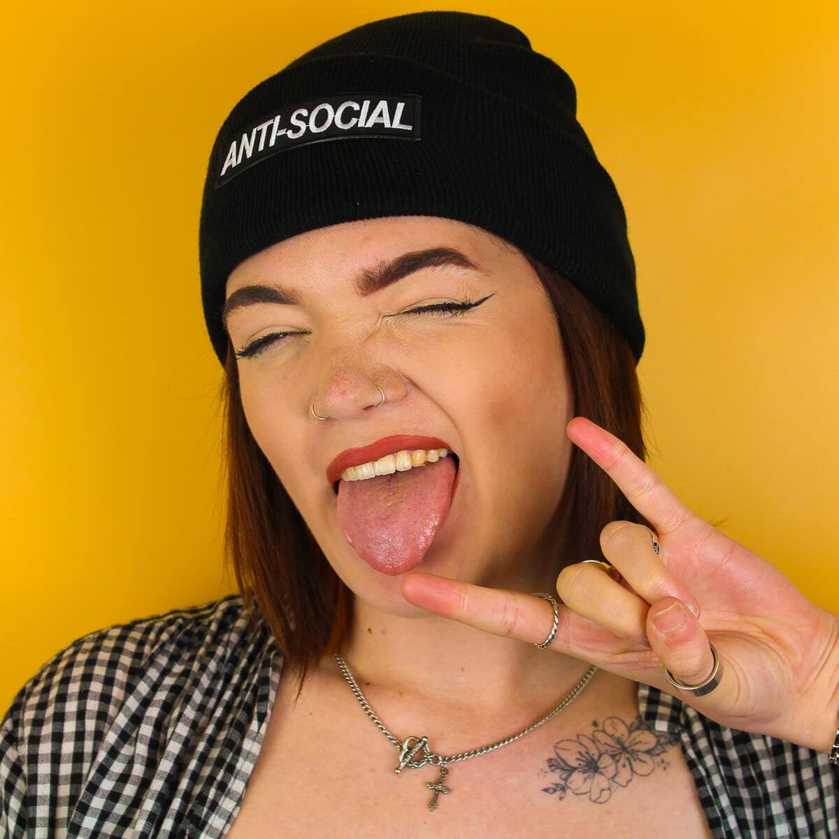 Anti-Social Patch Black Beanie Hat / 100% Cotton Embroidered Patch / Stoner Hipster Cute Aesthetic Tumblr Social Anxiety