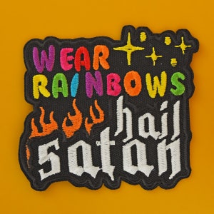 Wear Rainbows Hail Satan Patch | Vegan Adhesive | Iron or Sew On Embroidered Patches | Funny Goth Kawaii Rainbow Devil Worship