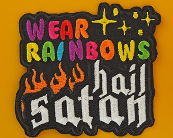 Wear Rainbows Hail Satan Patch | Vegan Adhesive | Iron or Sew On Embroidered Patches | Funny Goth Kawaii Rainbow Devil Worship