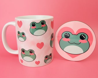 Cute Frog Mug & Coaster Gift Set - Funny Meme Gift for Colleague Froggo Froggy Cup