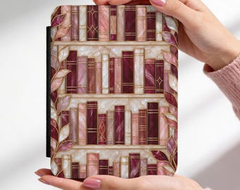Kindle-Hülle im Bücherregal-Design, Kindle Paperwhite 7"-Hülle mit Buntglas-Motiv, Geschenk für Bücherliebhaber in Burgunderrot, Signature Edition 2024/2025, Dark Academia