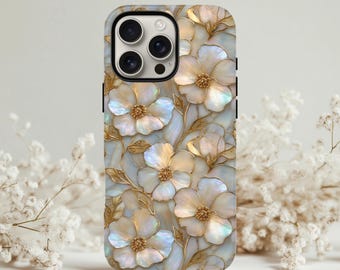 Custodia per telefono con effetto vetro colorato floreale iridescente, cover resistente per iPhone color oro perla, doppia protezione, compatibile con iPhone, Samsung e Google Pixel.