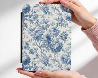 Blue Floral Toile Kindle Case, Vintage French Toile de Jouy Rose Cover, Chinoiserie Kindle Paperwhite 7'' Case (2024/2025), Book Lover Gift