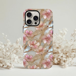 Funda para iPhone con mosaico de flores de cerezo y vidrieras, funda resistente para teléfono con estampado floral rosa.