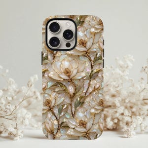 Magnolia Stained Glass iPhone Case, Mother of Pearl Phone Cover, Neutral Floral Art Nouveau Shell, Luxury Botanical Tough Galaxy Pixel Gift