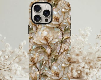 Coque iPhone Magnolia en vitrail, coque en nacre, motif floral Art nouveau neutre, cadeau luxueux et résistant pour Galaxy Pixel