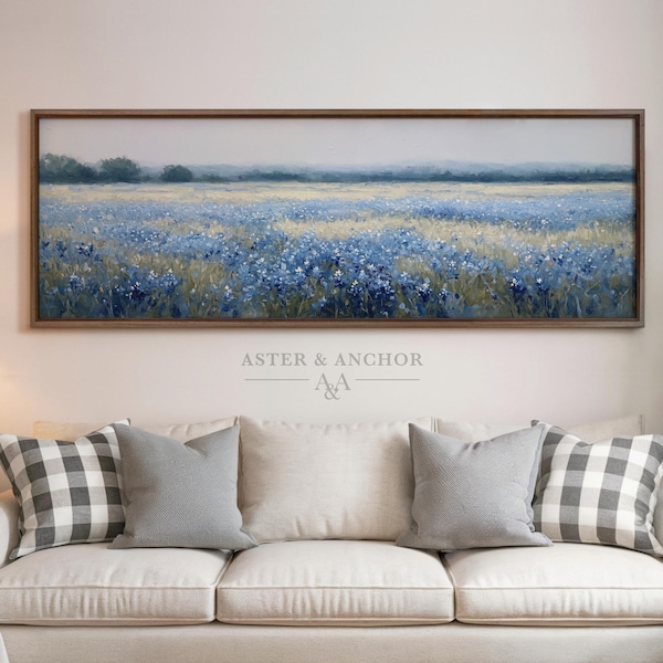 Decoración de Texas Hill Country: Campo de Bluebonnets, flores silvestres de Texas, arte rústico de pared estilo rancho, arte mural grande, 312