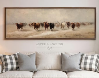 Panoramic Longhorn Wall Art – Western Cattle Herd Landscape – Rustic Farmhouse / Ranch Decor, Oil Painting Style – 013