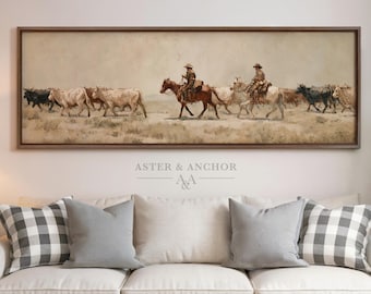 Large Western Cowboy Wall Art – Cattle Drive on Open Range – Moody Farmhouse Wall Art - Oil Painting Style – 010