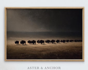 Bison Wall Art – Buffalo Herd on Plain, Oil Painting Style – Moody Landscape Decor, Western / Americana – 070