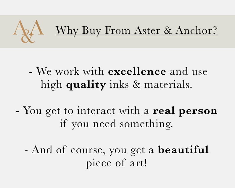 May include: A graphic with the text "Why Buy From Aster & Anchor?" and bullet points. The points state the use of high-quality inks and materials, interaction with a real person, and a beautiful piece of art.