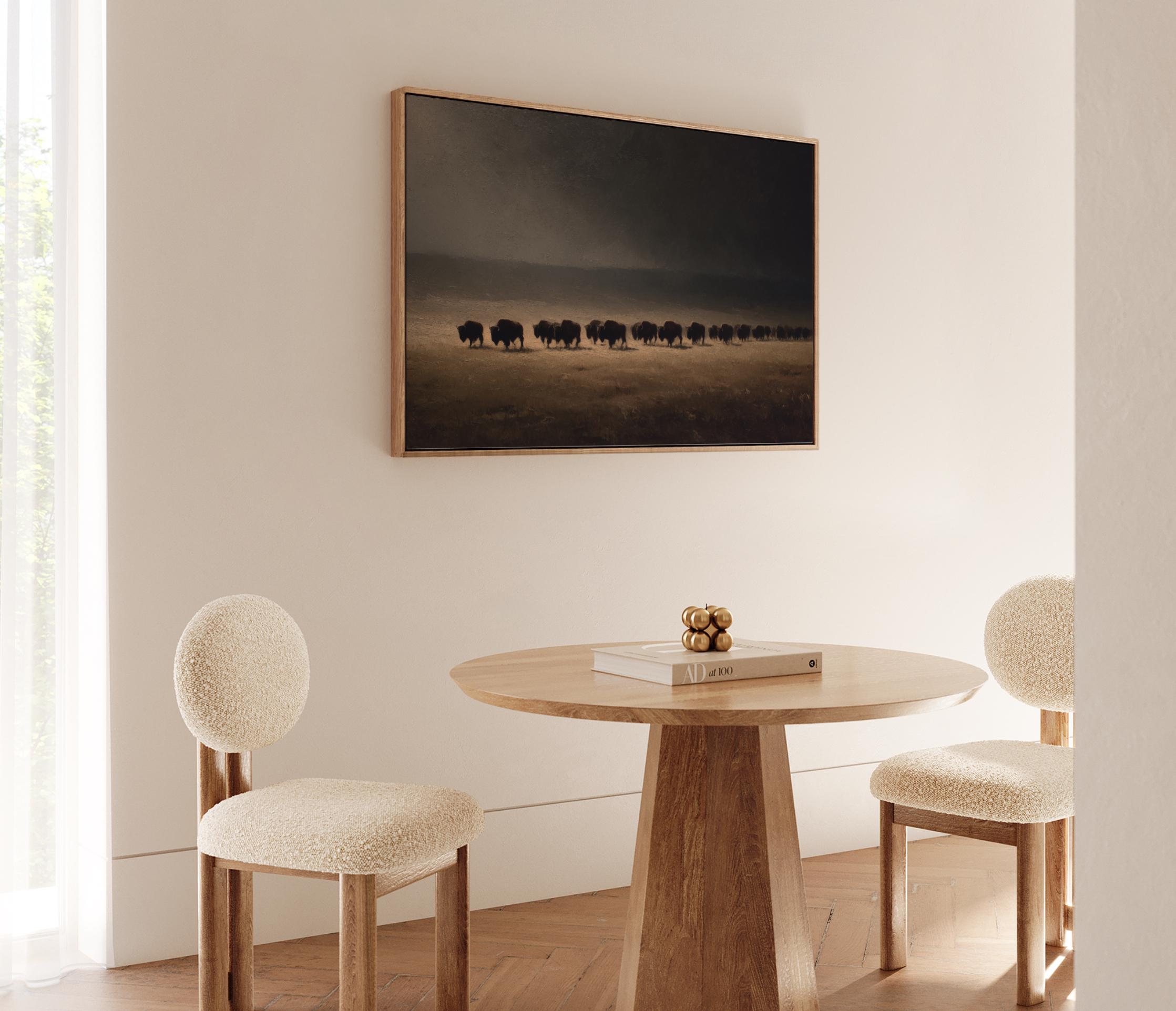 Bison Wall Art – Buffalo Herd on Plain, Oil Painting Style – Moody ...