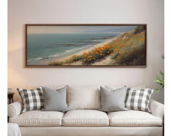 California Poppy Flower - Oceanside Poppies, Vintage Oil Aesthetic - Long Narrow Wall Art - 714