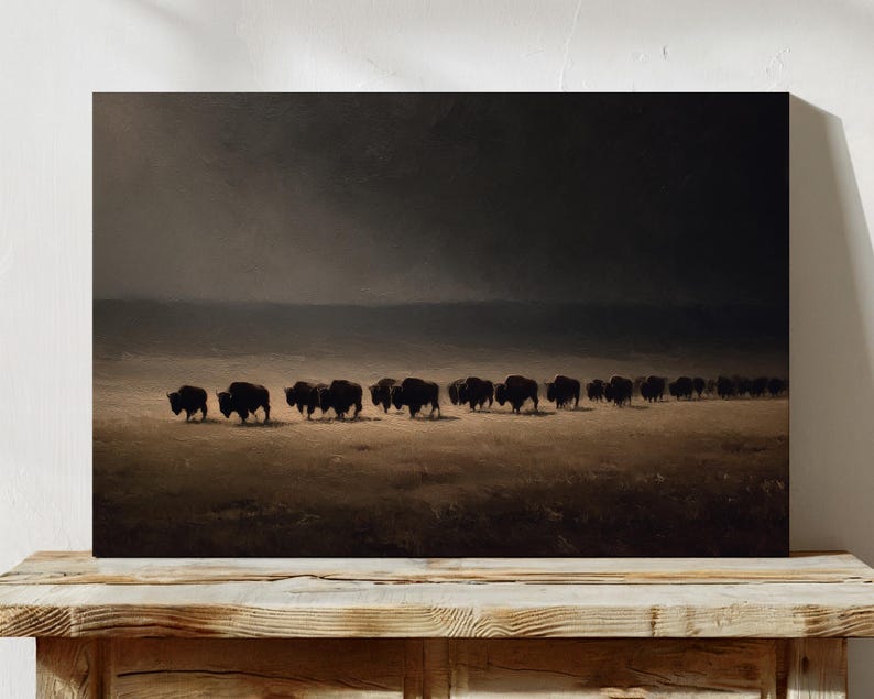 Bison Wall Art – Buffalo Herd on Plain, Oil Painting Style – Moody ...