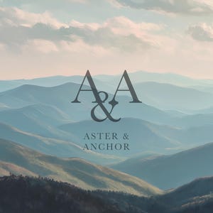 May include: A scenic landscape painting featuring layered blue mountains under a cloudy sky. The text "A & A" is above "ASTER & ANCHOR" in a dark gray font, suggesting a brand or logo.